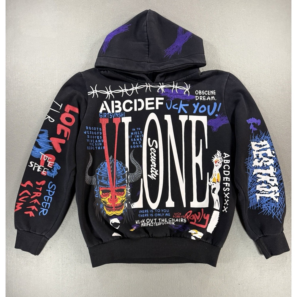 Vlone Black All Over Print Graphic Hoodie Size S ABCDEFXXX A$AP Bari Streetwear